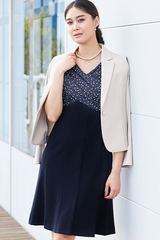 All-Season Material: Navy Dot X Navy Shoulder Venus Dress