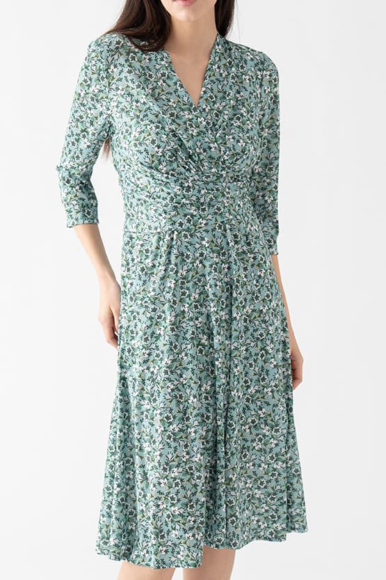 Silk-Like Green Petite Flower Cache-Coeur Dress