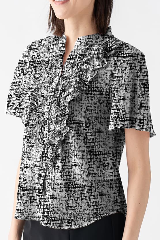Stretch Chiffon: Mosaic Check Frill Blouse