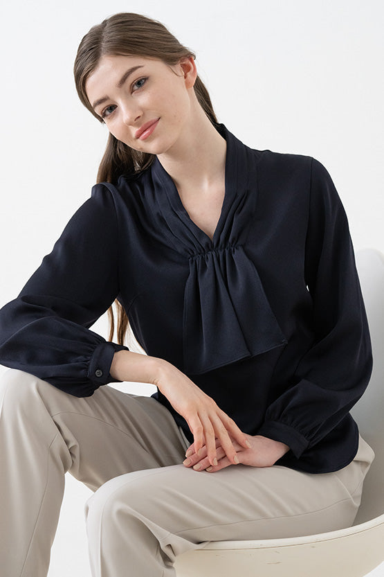 Navy Black Ribbon Tie Blouse