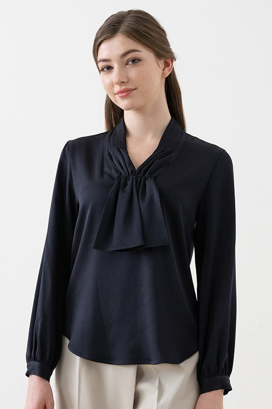 Navy Black Ribbon Tie Blouse