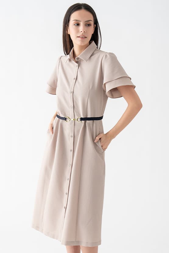 Beige x Black Bowtie Shirt Dress