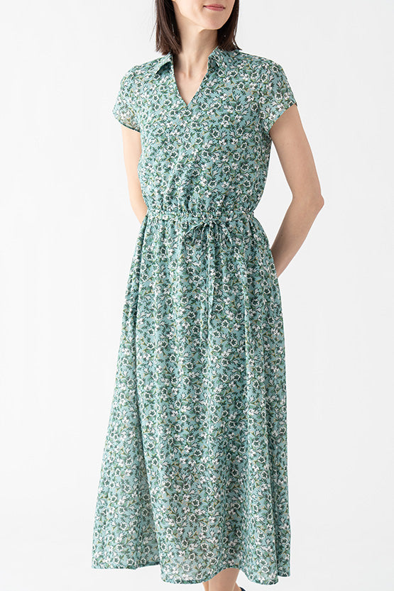 Stretch Chiffon: Green Petite Flower Collared Cache-Coeur Chiffon Long