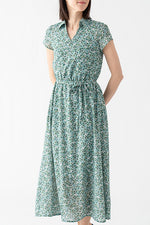 Stretch Chiffon: Green Petite Flower Collared Cache-Coeur Chiffon Long