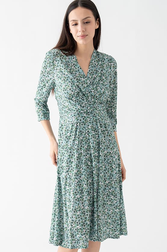 Silk-Like Green Petite Flower Cache-Coeur Dress