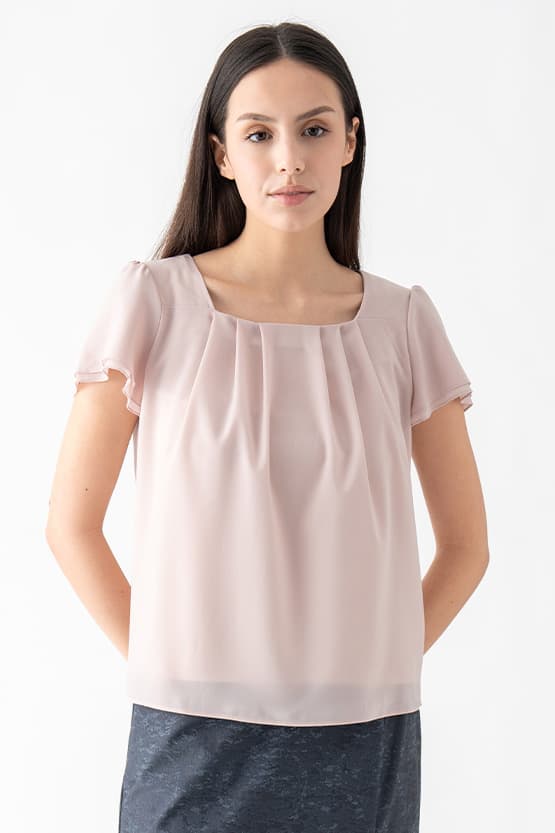 Stretch Chiffon: Pink Beige Square Neck Chiffon Top