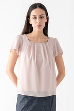 Stretch Chiffon: Pink Beige Square Neck Chiffon Top