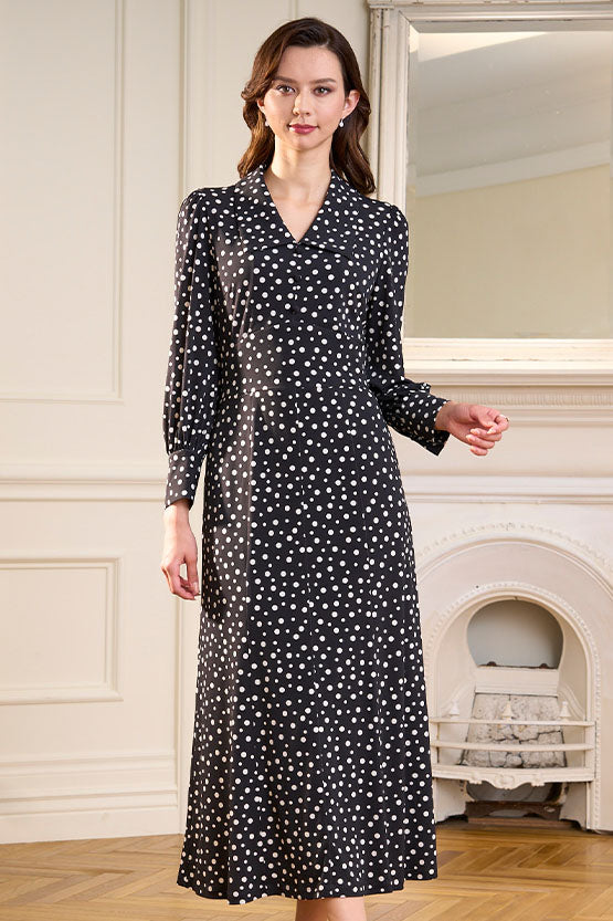 Long Length: Black Dot Long Collar Dress