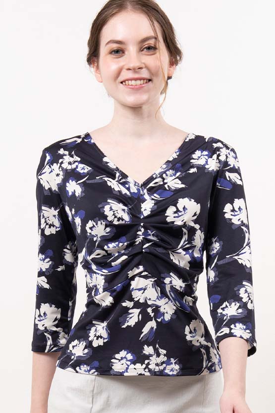 Navy Lei Flower Design Tucked Top