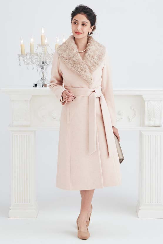 Long Length: Pink Beige Eco-Fur Coat