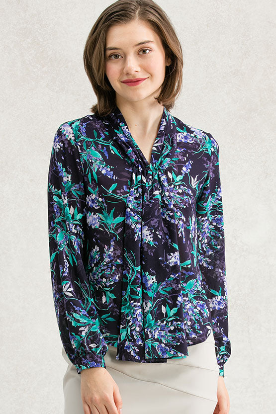Stretch Chiffon: Navy Aroma Bowtie Blouse