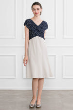 All-Season Material: Navy Dot X Greige Shoulder Venus Dress