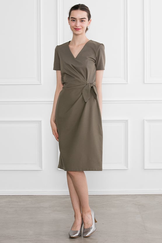 Khaki Cotton Blend V-Neck Everyday Dress