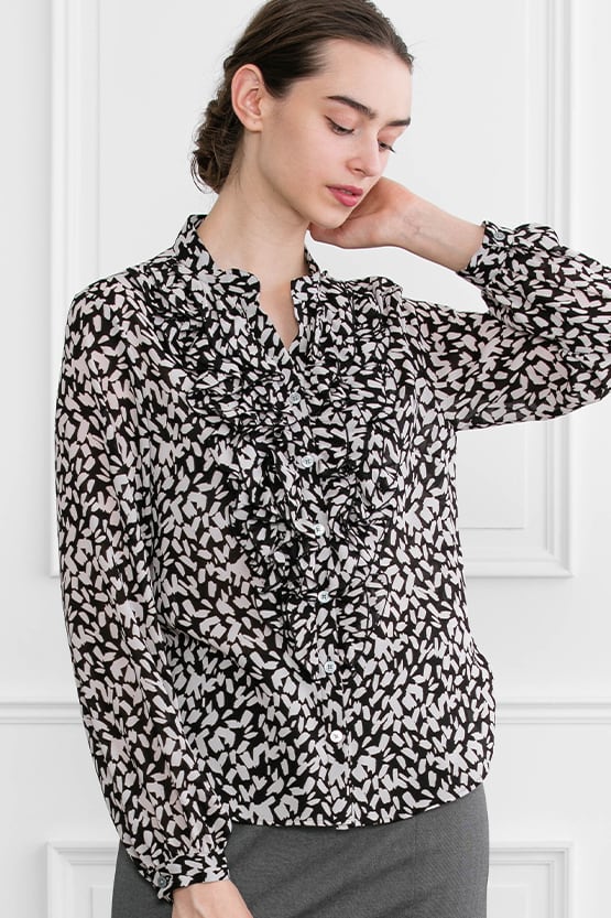 Stretch Chiffon: White Geo Frill Blouse