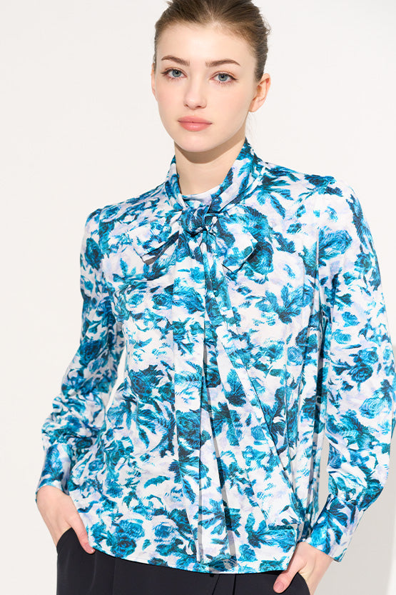 Blue Nuance Flower Two-Way Bowtie Blouse