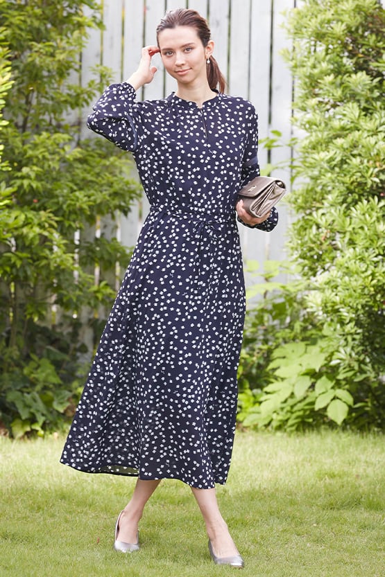 Stretch Chiffon: Navy Clover Bohemian Chiffon Long