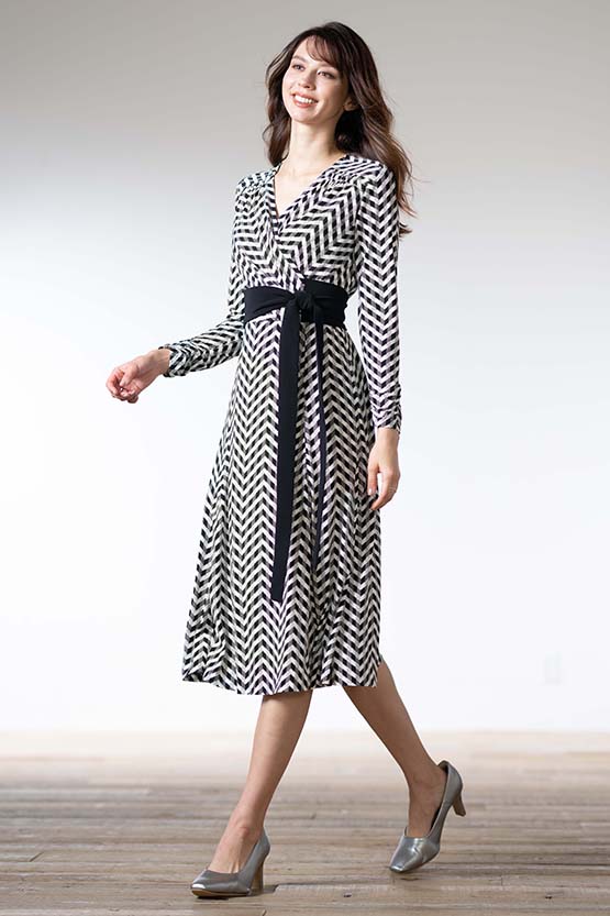 Black Herringbone Cache-Coeur Ribbon Dress