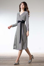 Black Herringbone Cache-Coeur Ribbon Dress