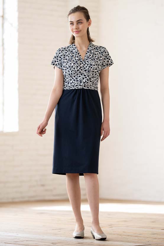 Cotton Blend Ponte: Cotton Blend Ponte White Trump Geo X Navy Shell Dress