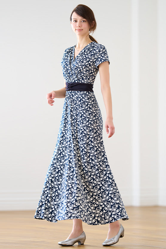 Long Length: Navy Playing Card Geo Long Marilyn Dress