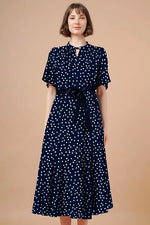 Stretch Chiffon: Navy Large Dot Long Mermaid Dress