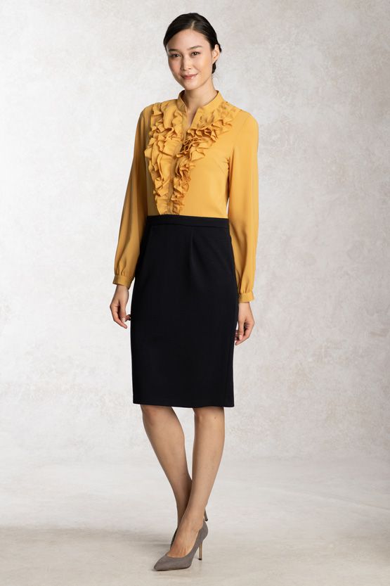 Stretch Chiffon: Mustard X Navy Frill Dress