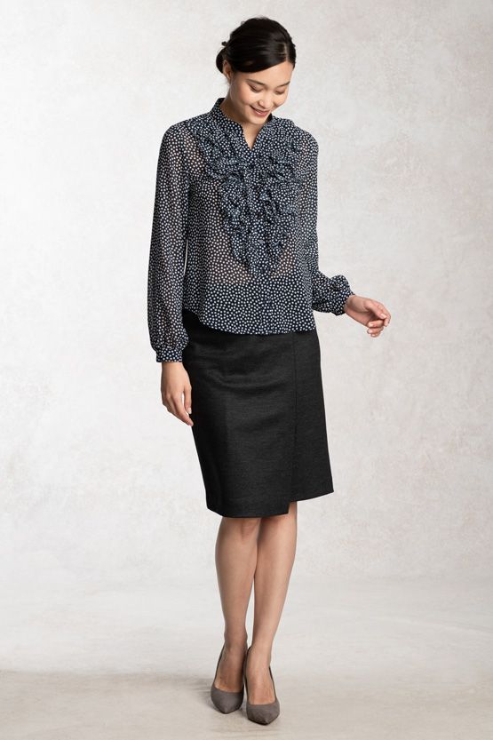 Stretch Chiffon: Navy Dot Frill Blouse