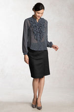 Stretch Chiffon: Navy Dot Frill Blouse