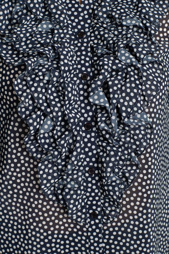 Stretch Chiffon: Navy Dot Frill Blouse