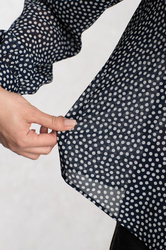 Stretch Chiffon: Navy Dot Frill Blouse