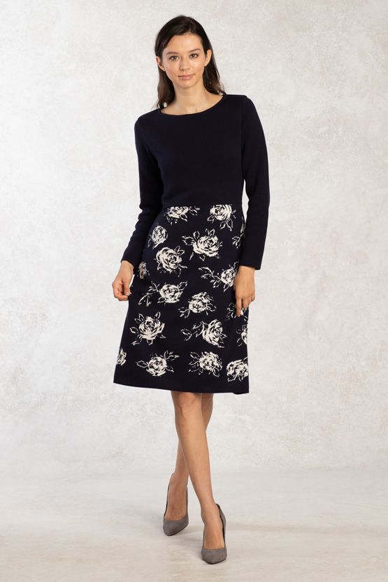 Washable Knit: Navy Rose Knit Dress