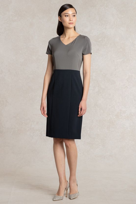All-Season Material: Charcoal X Navy V-Neck I-Line Docking Dress