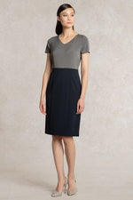 All-Season Material: Charcoal X Navy V-Neck I-Line Docking Dress