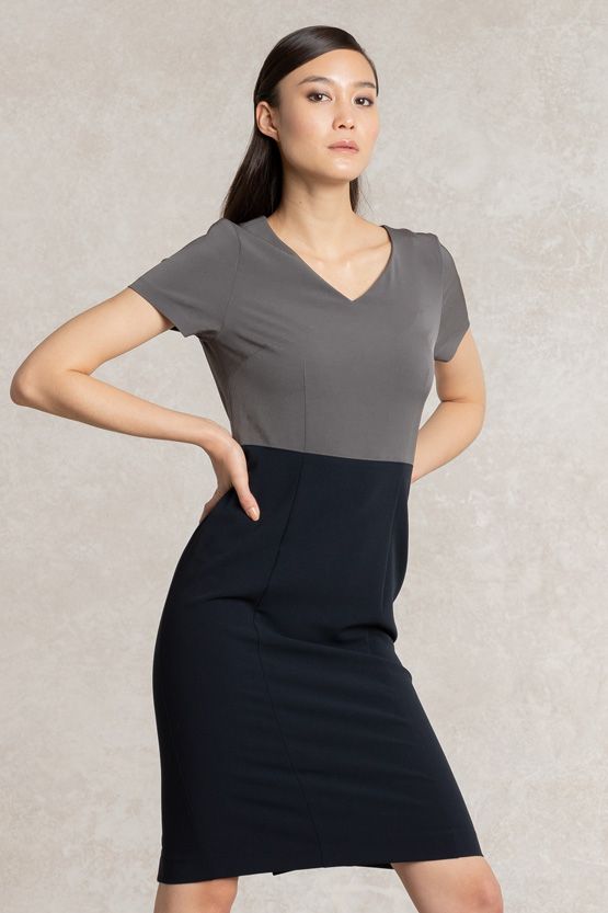 All-Season Material: Charcoal X Navy V-Neck I-Line Docking Dress