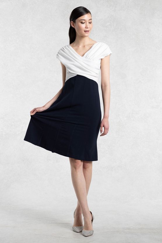All-Season Material: White X Navy Shoulder Venus Dress