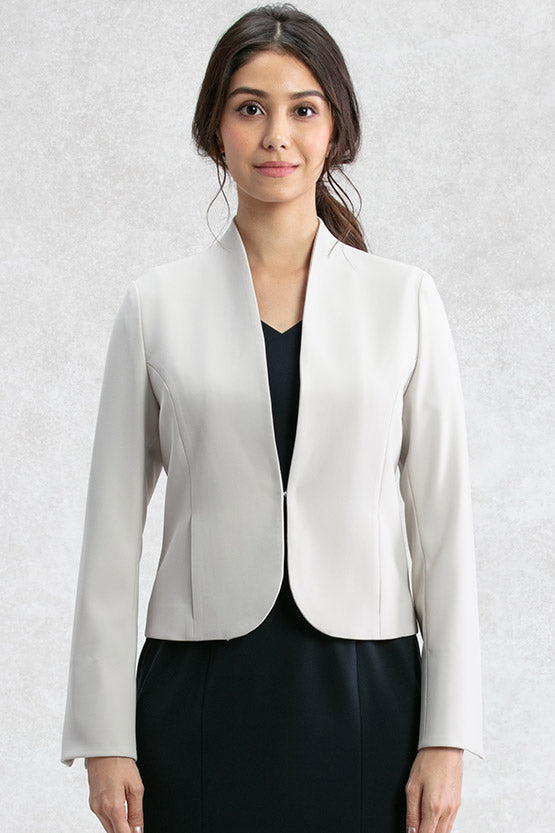 All-Season Material: Greige Collarless Jacket