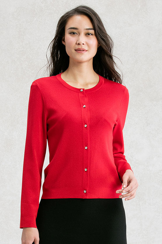 Washable Knit: Red Crew-neck Cardigan