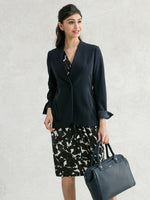 All-Season Material: Navy Long Collarless Jacket