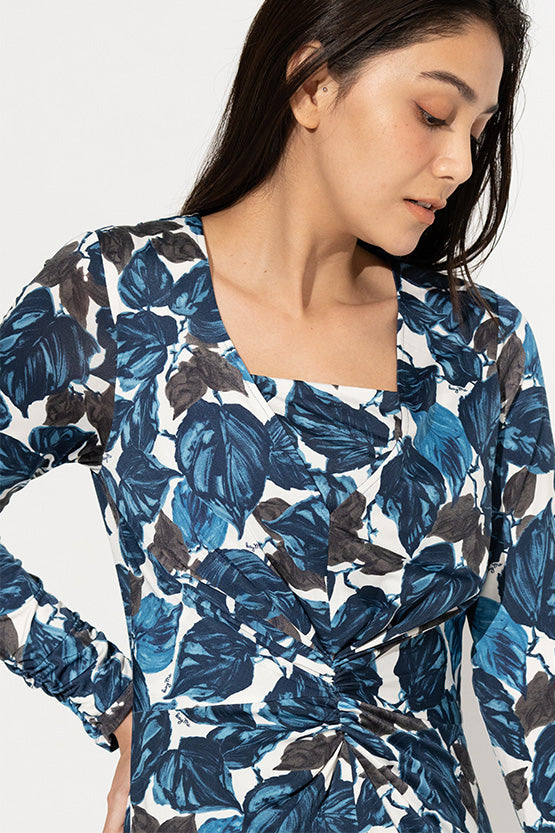 Long Length: Navy Leaf Long V-Drape Dress