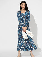 Long Length: Navy Leaf Long V-Drape Dress