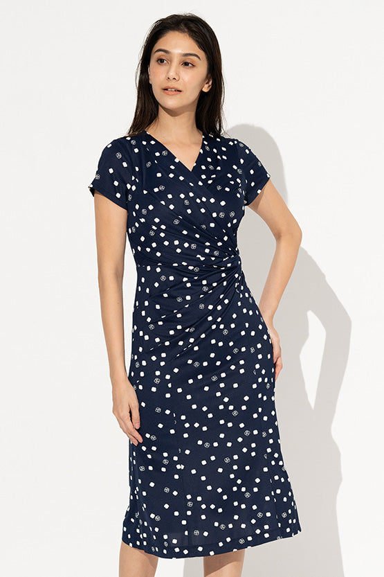 Navy Kay Me Rose Dot Gathered Dress