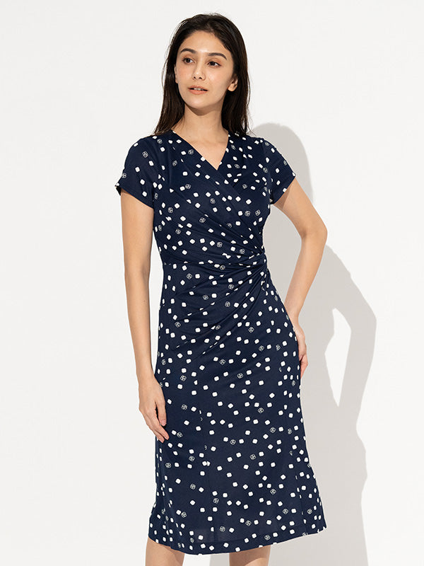 Navy Kay Me Rose Dot Gathered Dress