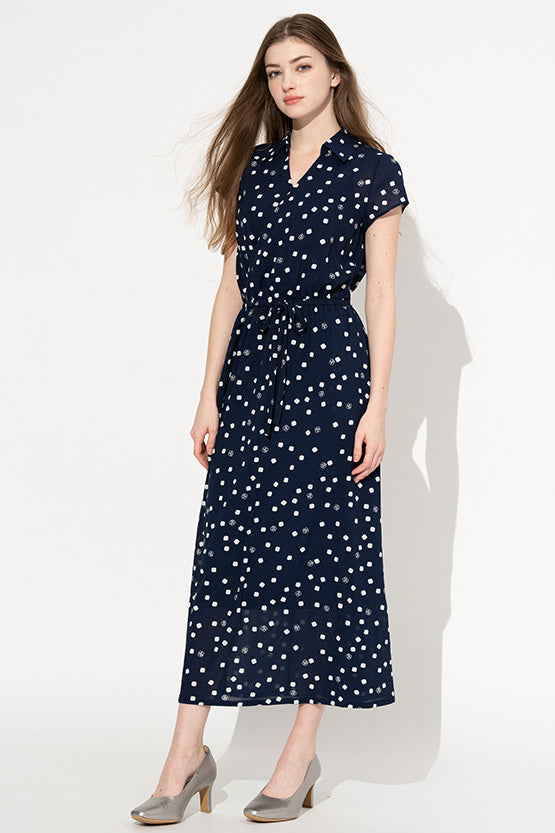 Stretch Chiffon: Navy Kay Me Rose Dot Collared Long Cache-Coeur Dress
