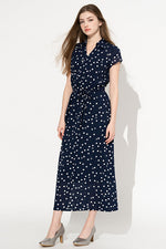 Stretch Chiffon: Navy Kay Me Rose Dot Collared Long Cache-Coeur Dress