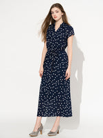 Stretch Chiffon: Navy Kay Me Rose Dot Collared Long Cache-Coeur Dress