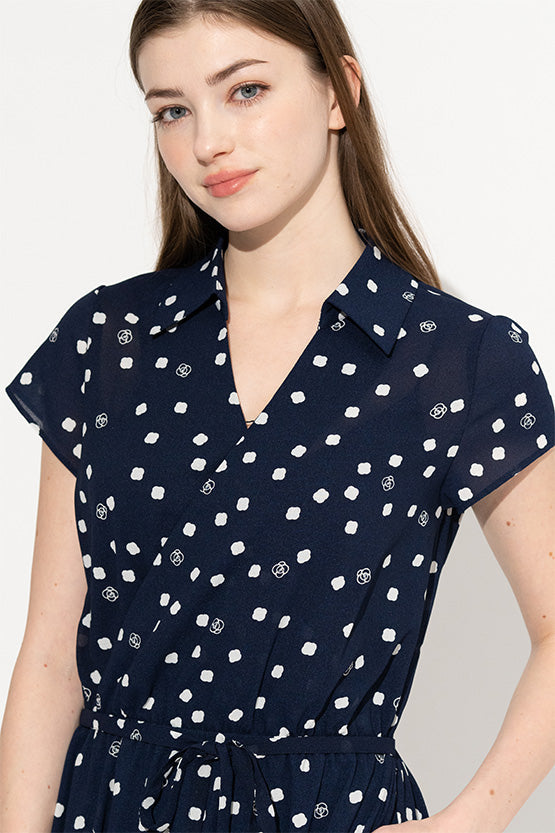 Stretch Chiffon: Navy Kay Me Rose Dot Collared Long Cache-Coeur Dress
