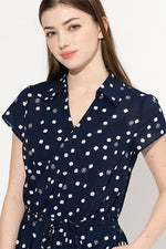 Stretch Chiffon: Navy Kay Me Rose Dot Collared Long Cache-Coeur Dress