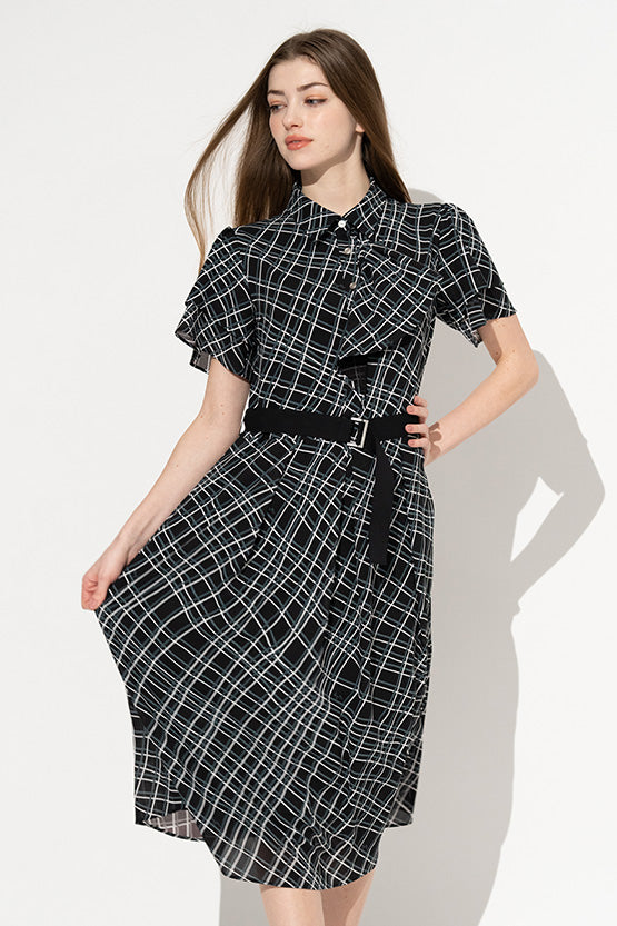 Stretch Chiffon: Black Check Frill Shirt Dress