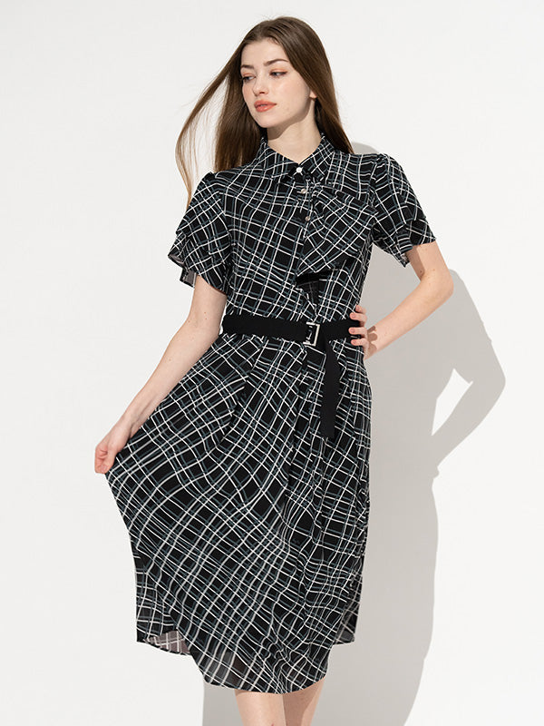 Stretch Chiffon: Black Check Frill Shirt Dress