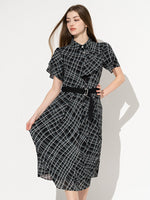 Stretch Chiffon: Black Check Frill Shirt Dress